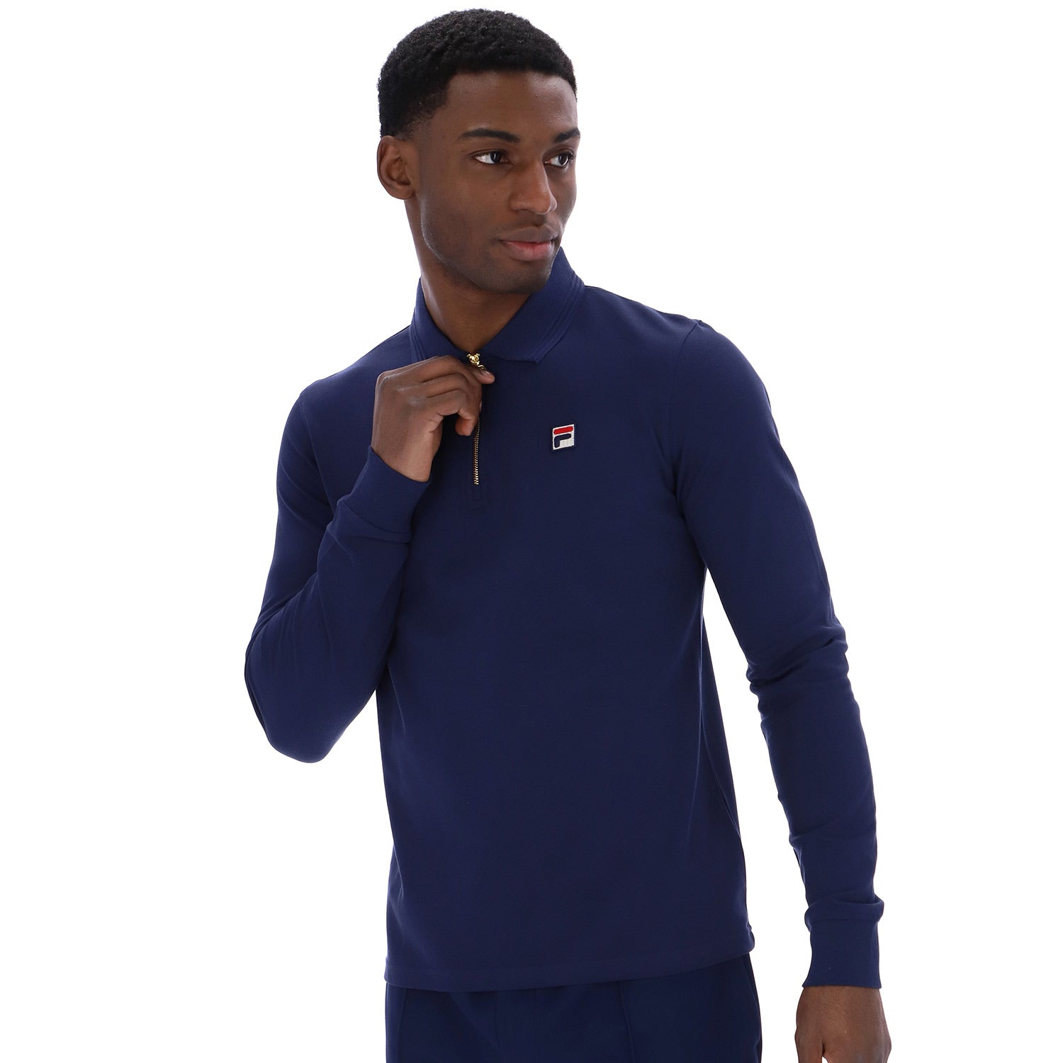 Man wearing Fila Emiliano Long Sleeve Zip Polo Raised Tipping Navy