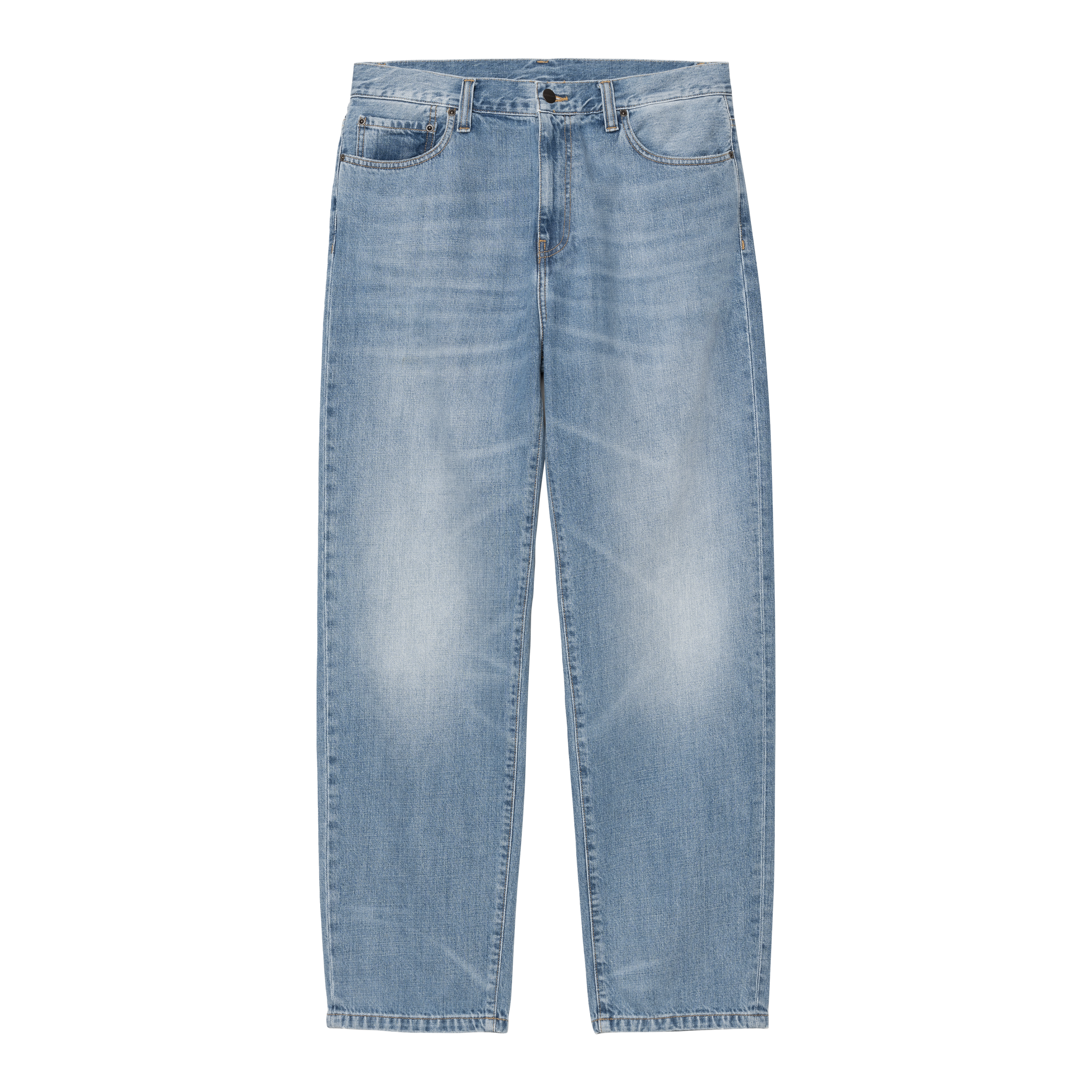 Front of Carhartt Aaron Pant Camano Denim Blue Burst Washed