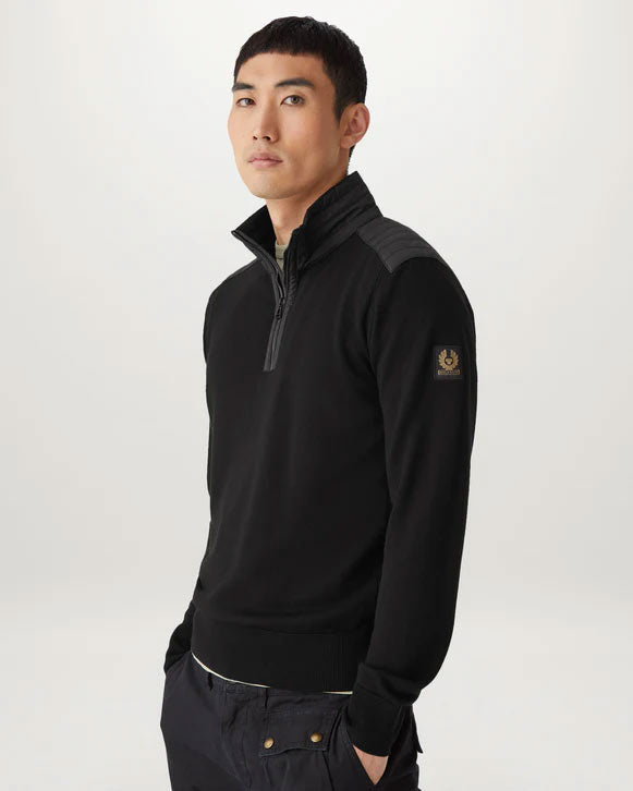 Model wearing Belstaff Kilmington Quarter Zip in Black