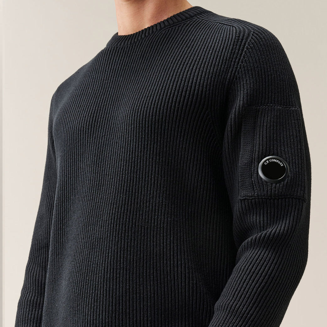 Full Rib Cotton Lens Crewneck Sweater Black