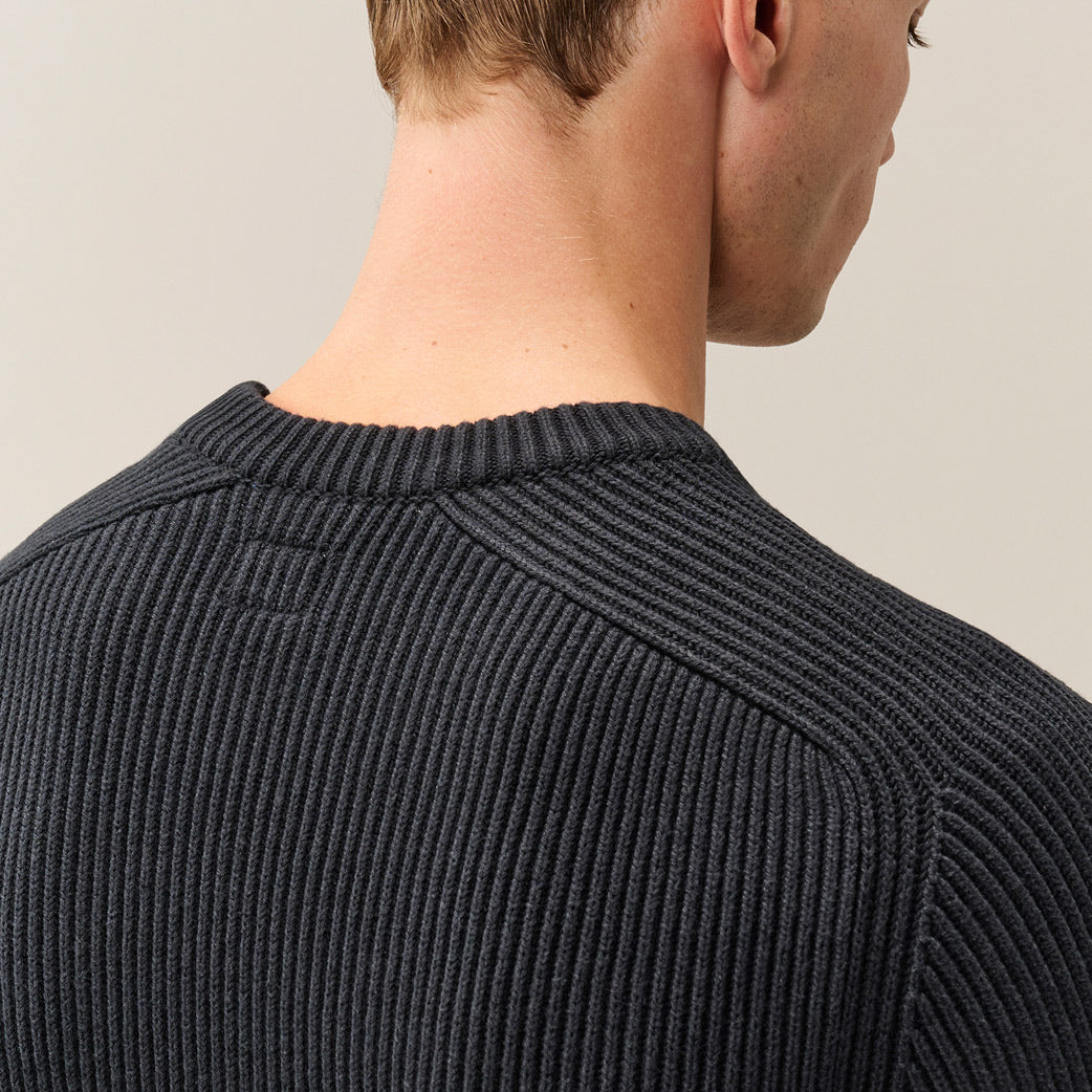Full Rib Cotton Lens Crewneck Sweater Black