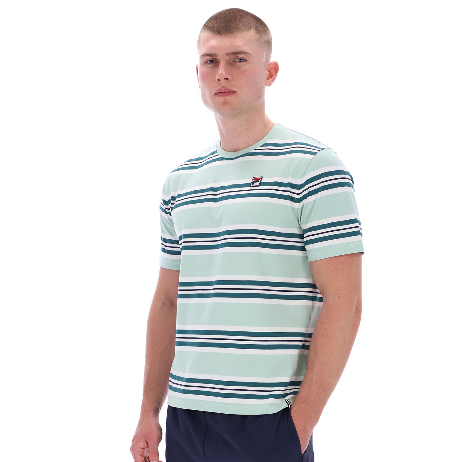 Model wearing Fila Cesare Yarn Dye Stripe Tee Surf Spray