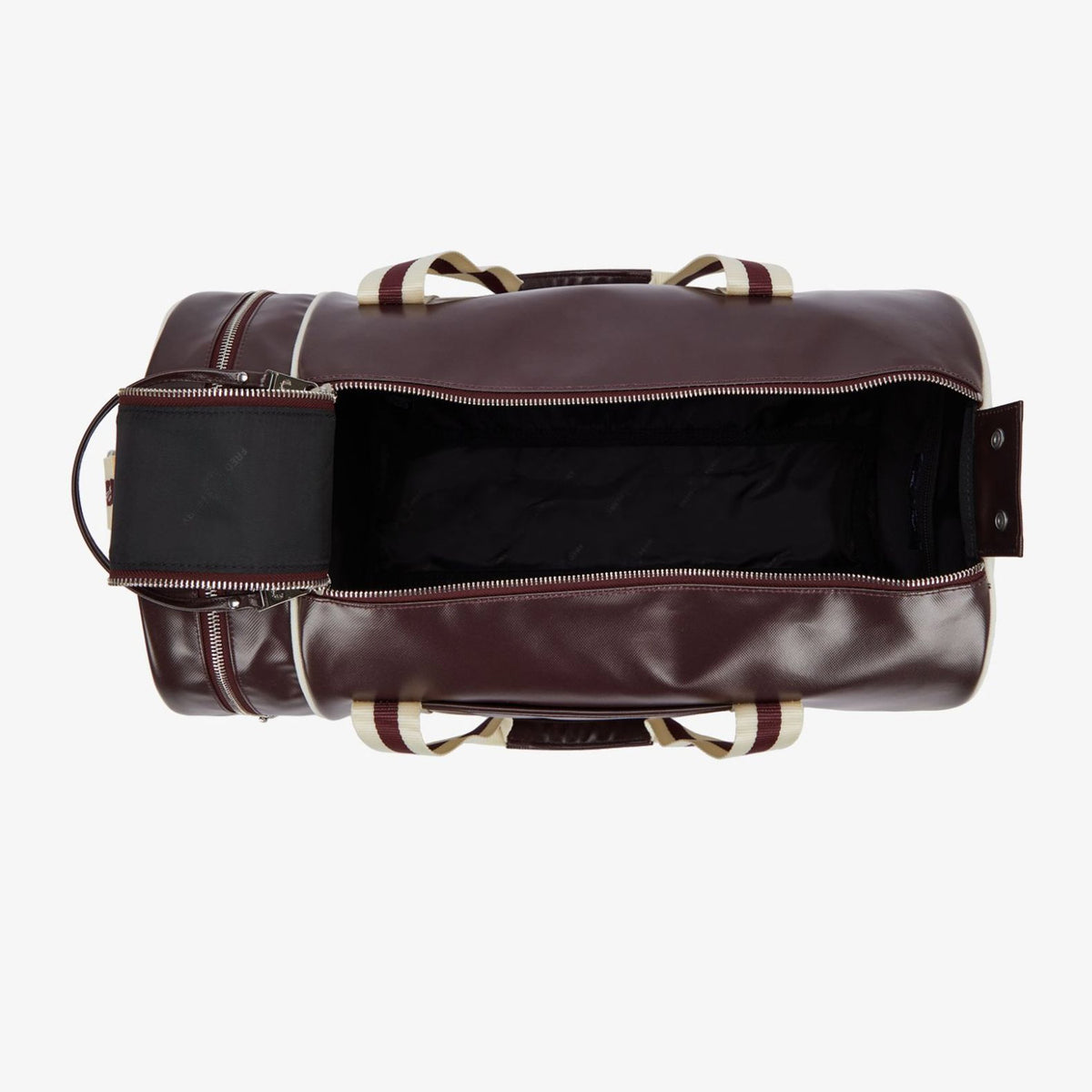 view from above of an opened fred perry Classic Barrel Bag Oxblood Ecru