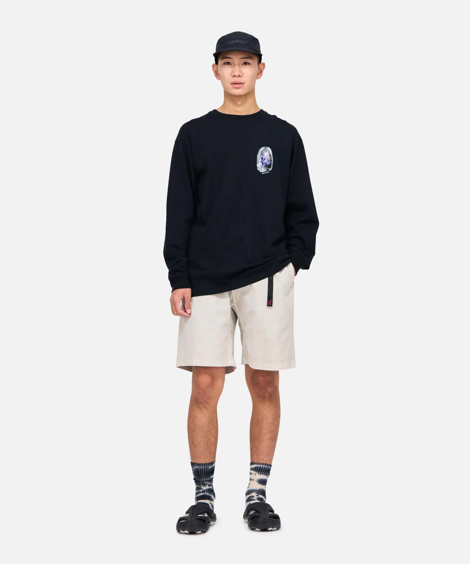 Model Wearing Gramicci G-Shorts in Dune