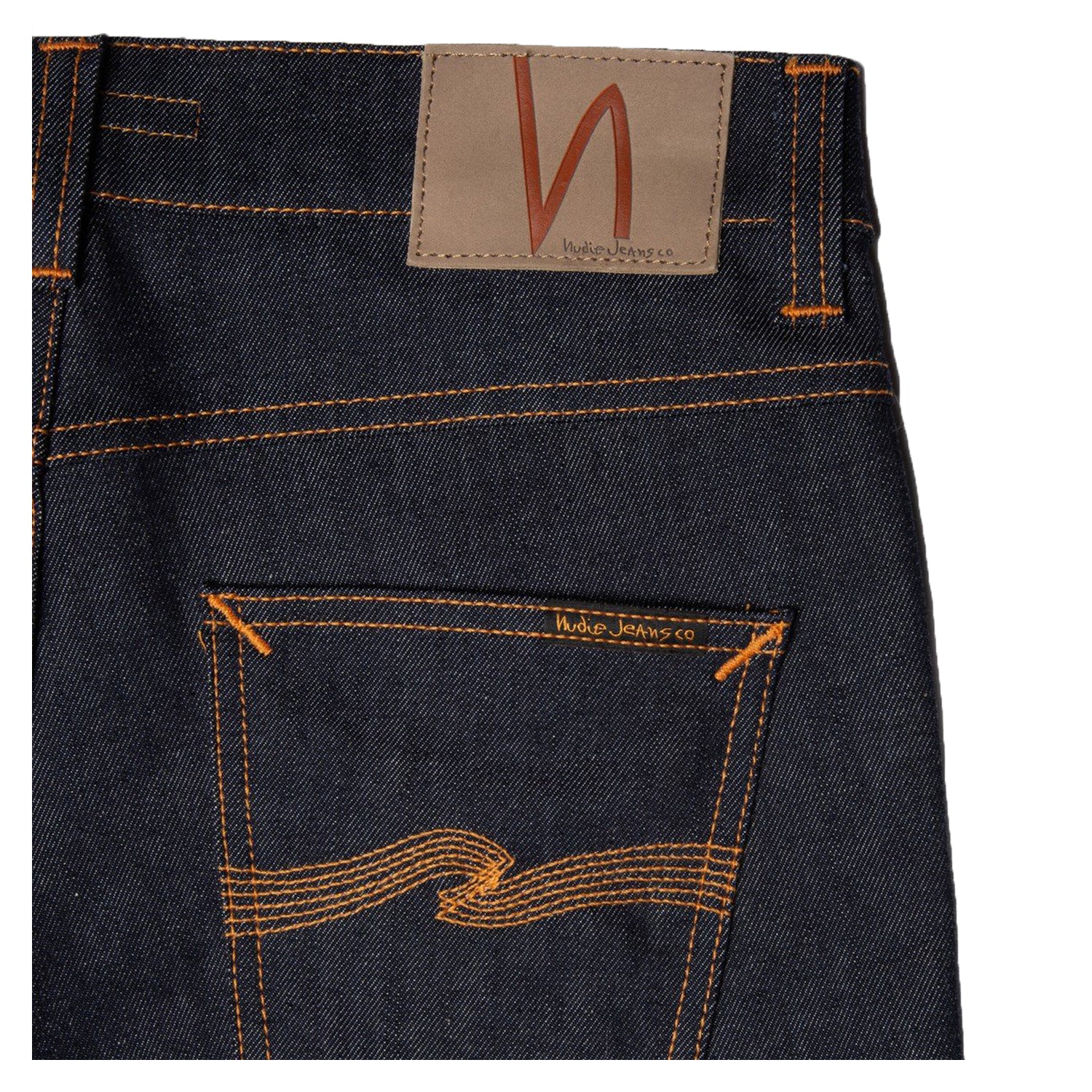 Close up stitching and patch of Nudie Jeans Lean Dean 16 Dips