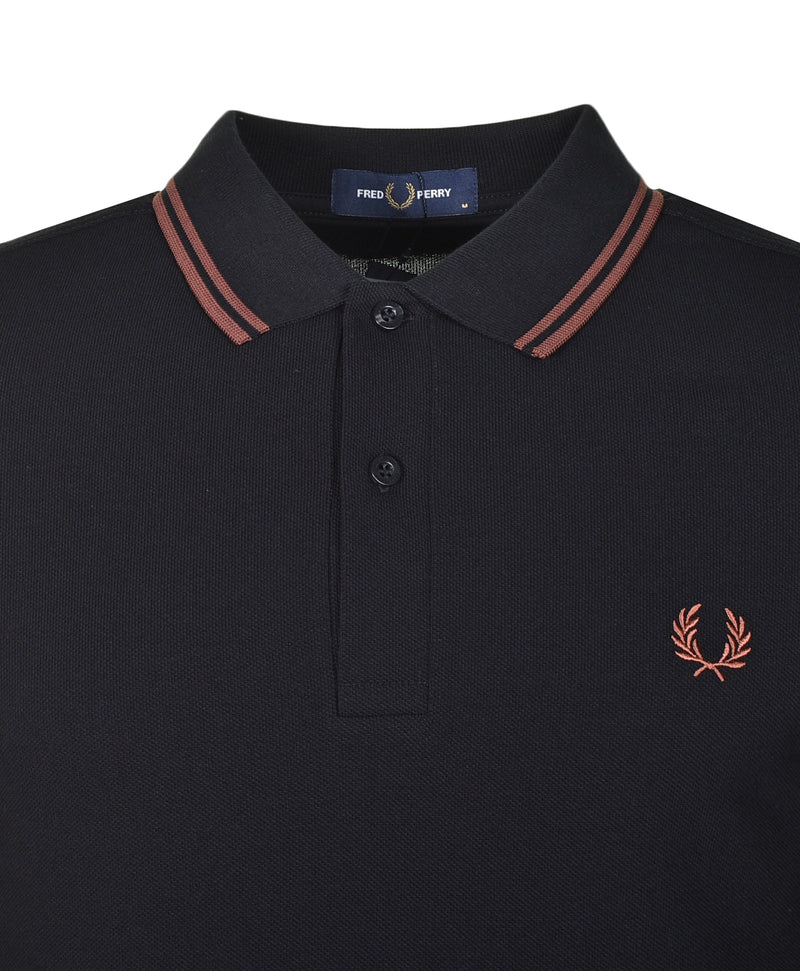 Long Sleeve Twin Tipped Polo Shirt Black Whisky Brown