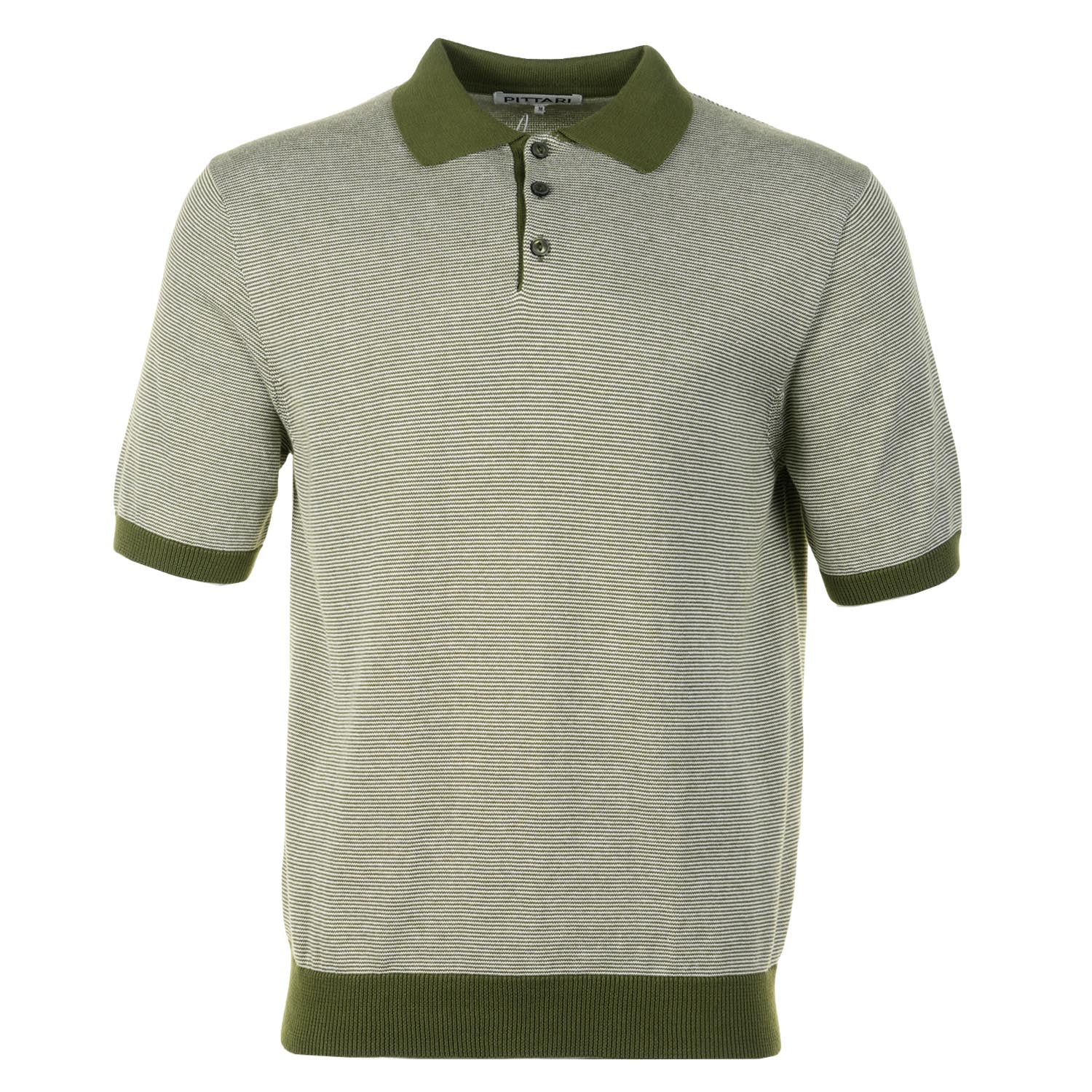 SS Knitted Polo Shirt Micro Stripe Olive Ecru