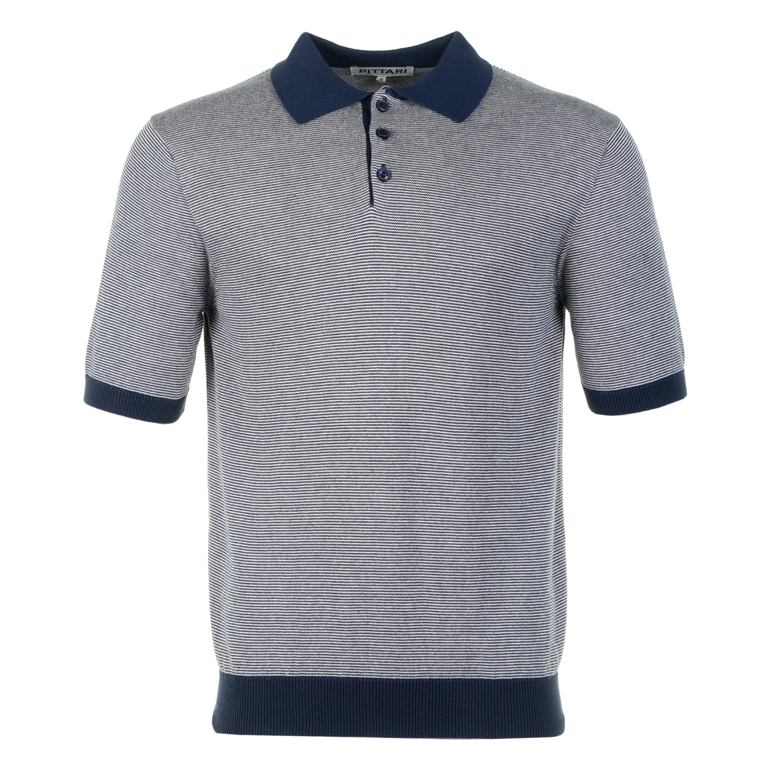 SS Knitted Polo Shirt Micro Stripe Navy Ecru