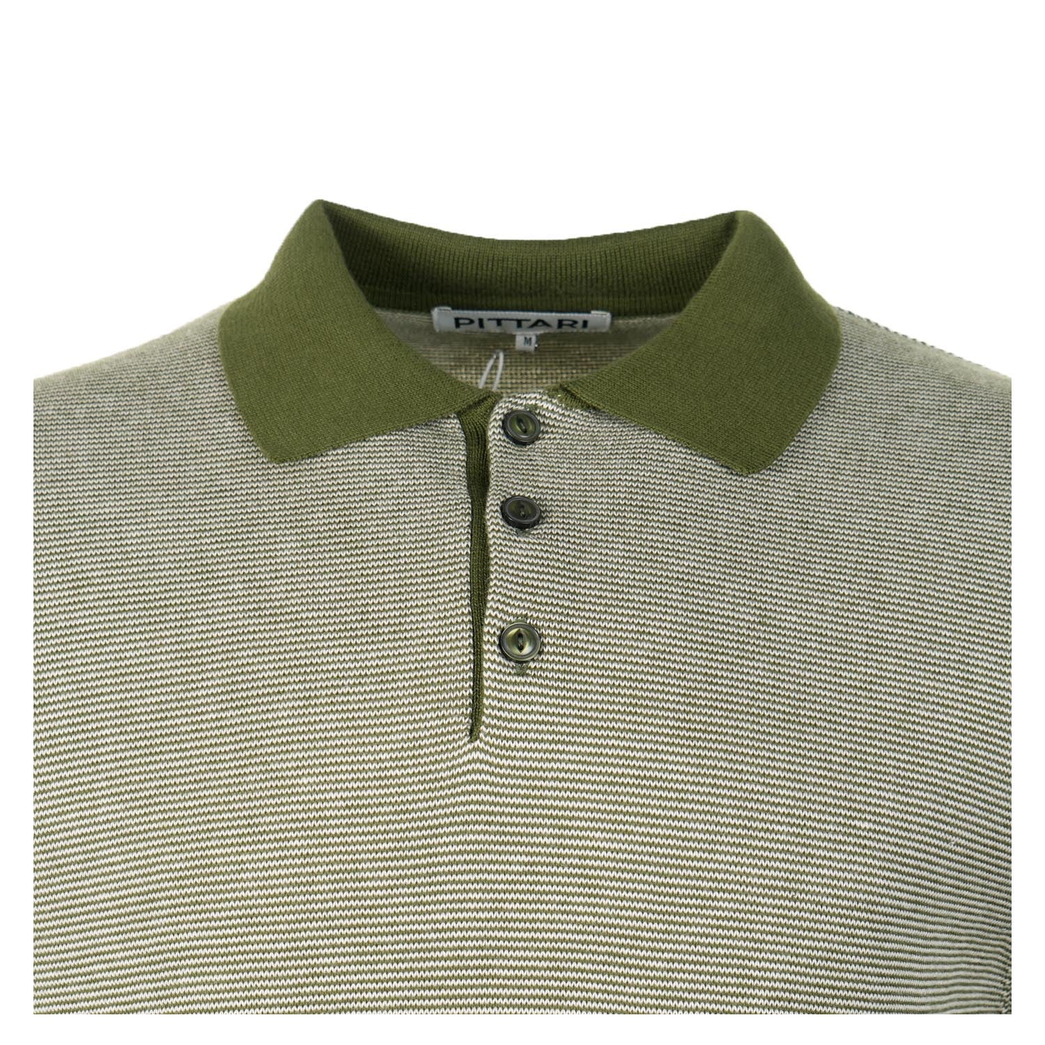 SS Knitted Polo Shirt Micro Stripe Olive Ecru