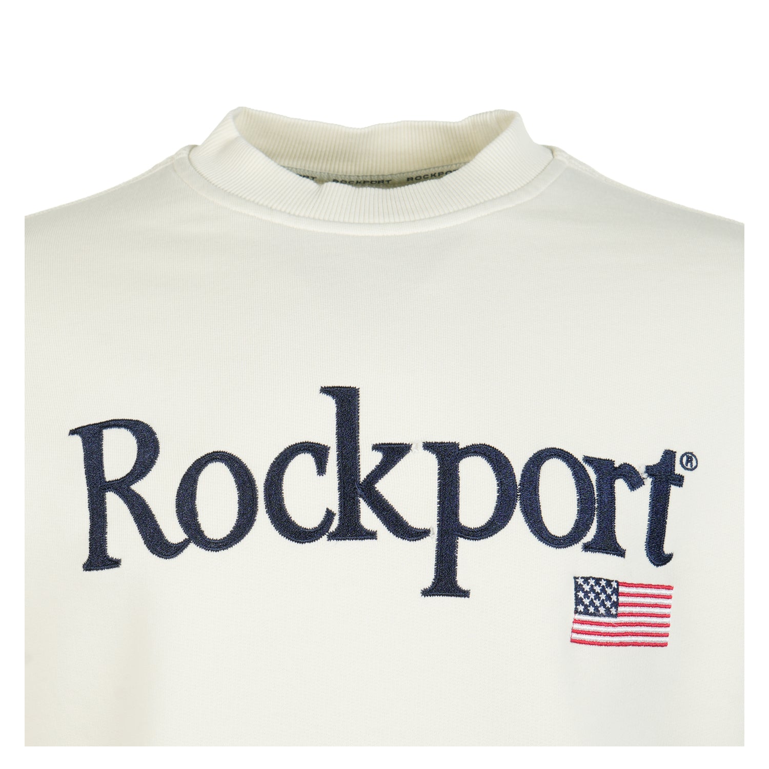 Rockport embroidered branding on chest of New England sweatshirt in ecru