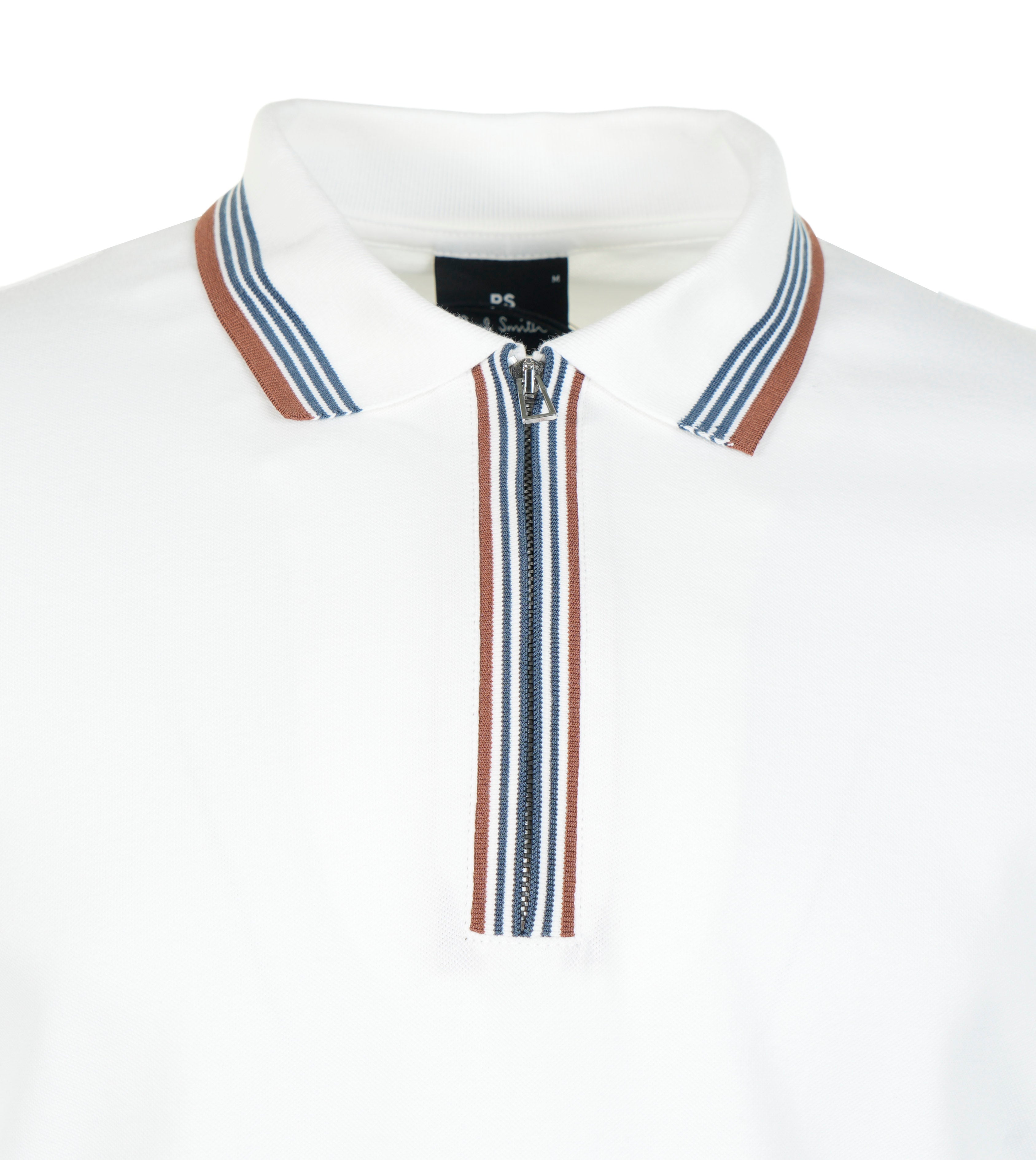 Regular Fit Short Sleeve Placket Stripe Zip Polo Shirt Off White
