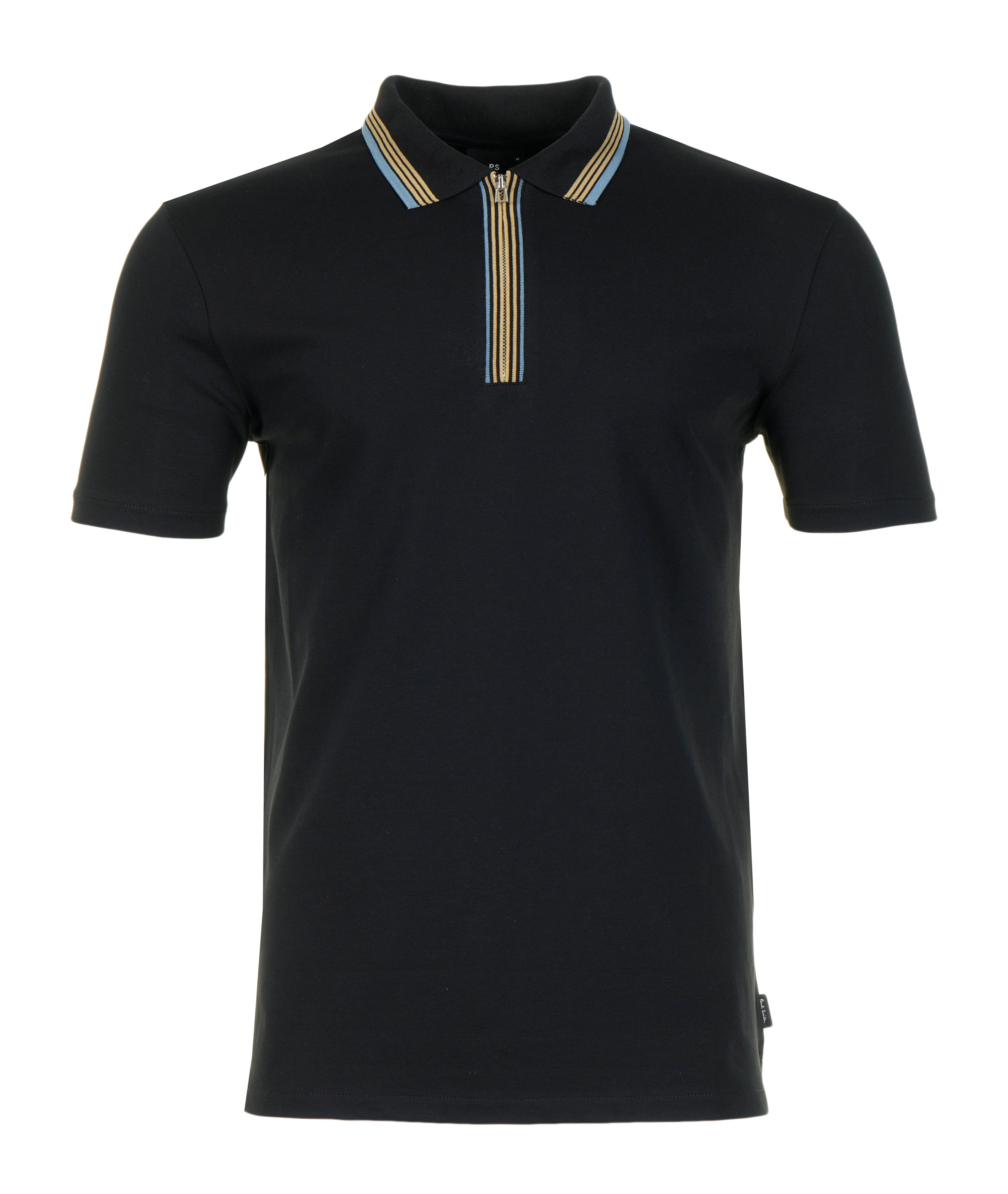 Regular Fit Short Sleeve Placket Stripe Zip Polo Shirt Black
