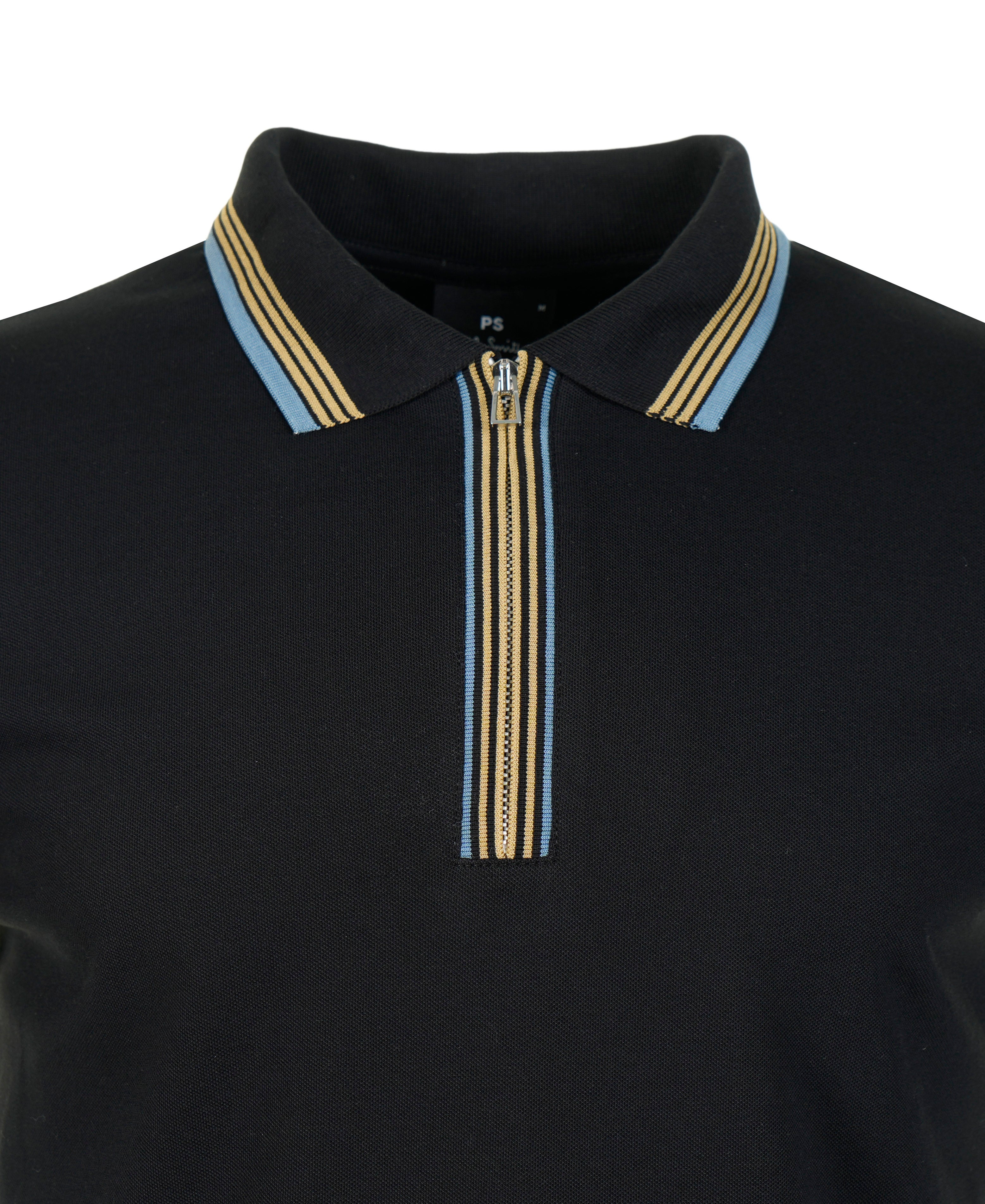 Regular Fit Short Sleeve Placket Stripe Zip Polo Shirt Black