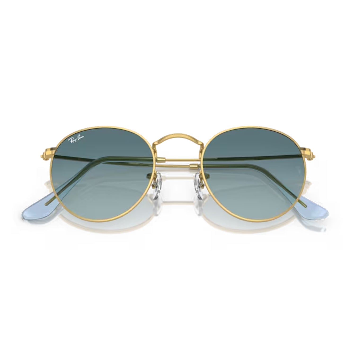 folded pair of Ray-ban Round Metal Flat Lenses Gold / Blue Gradient Grey