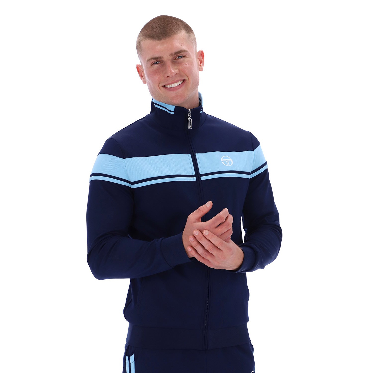 Model wearing Sergio Tacchini Damarindo TT Track Top Maritime Blue / Baltic Sea