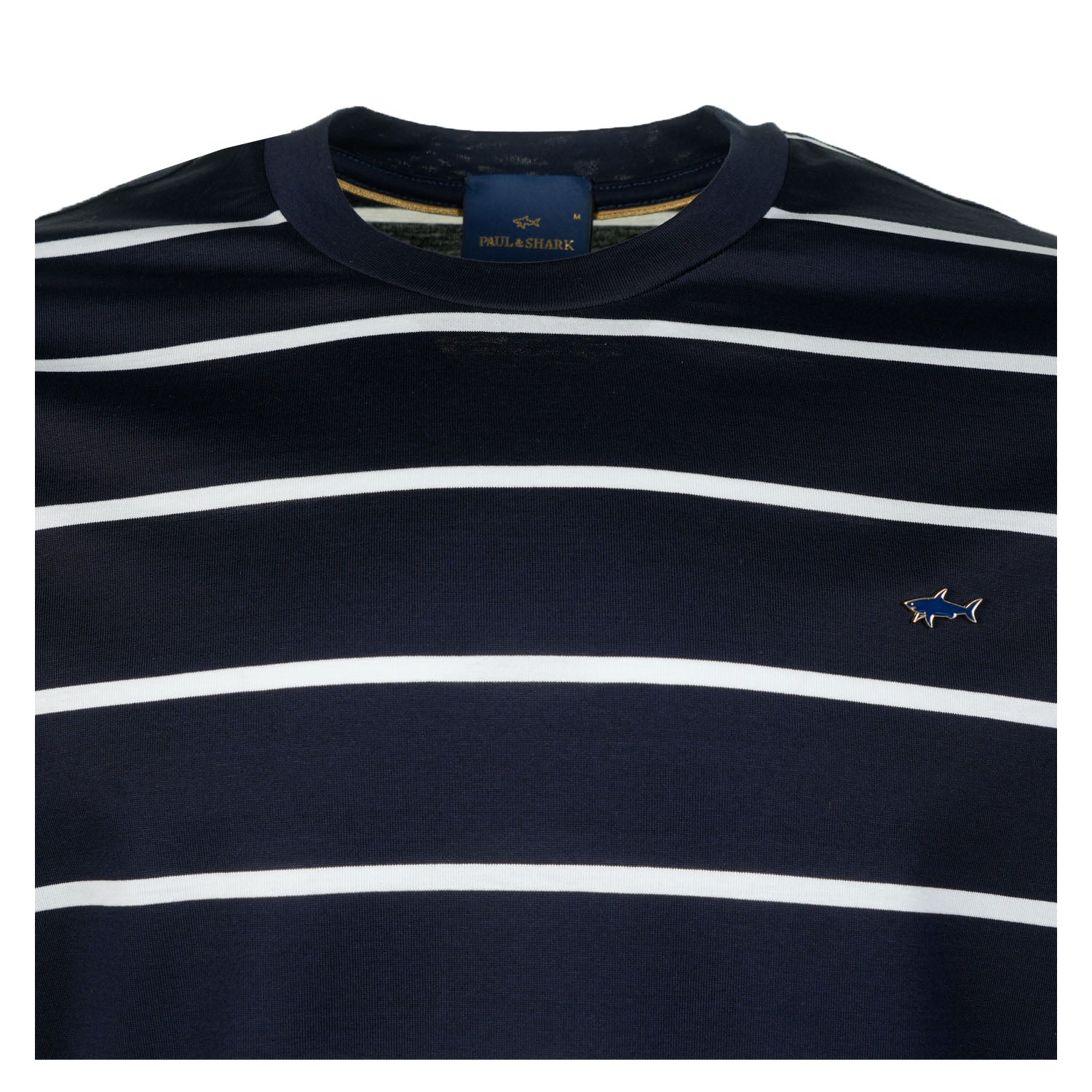 Short Sleeve Striped Metal Shark Logo T Shirt Navy