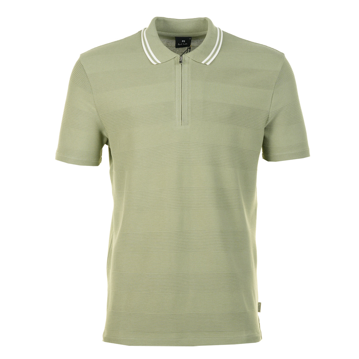 Short Sleeve Zip Textured Tipped Polo Shirt Greyish Green