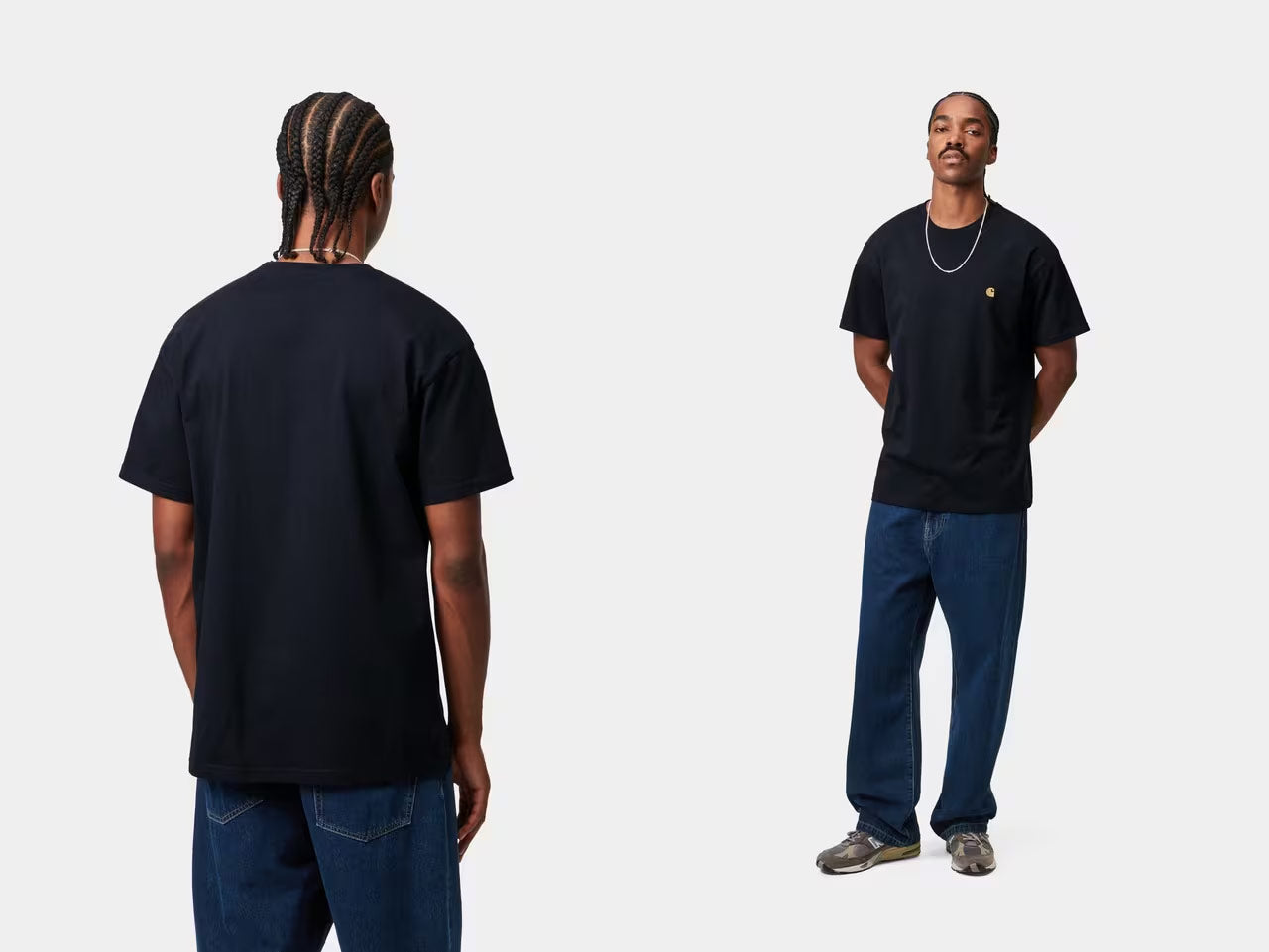 Model wearing the Carhartt Chase Navy T-shirt