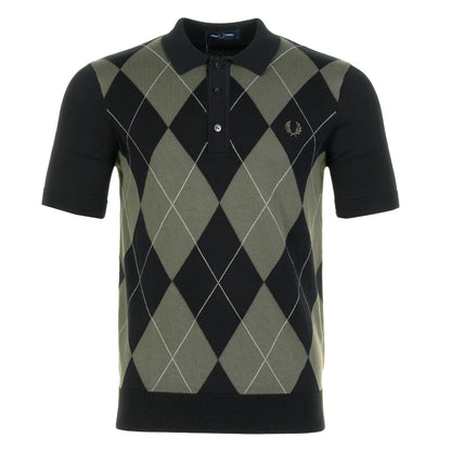 Short Sleeve Textured Argyle Knitted Polo Shirt Black