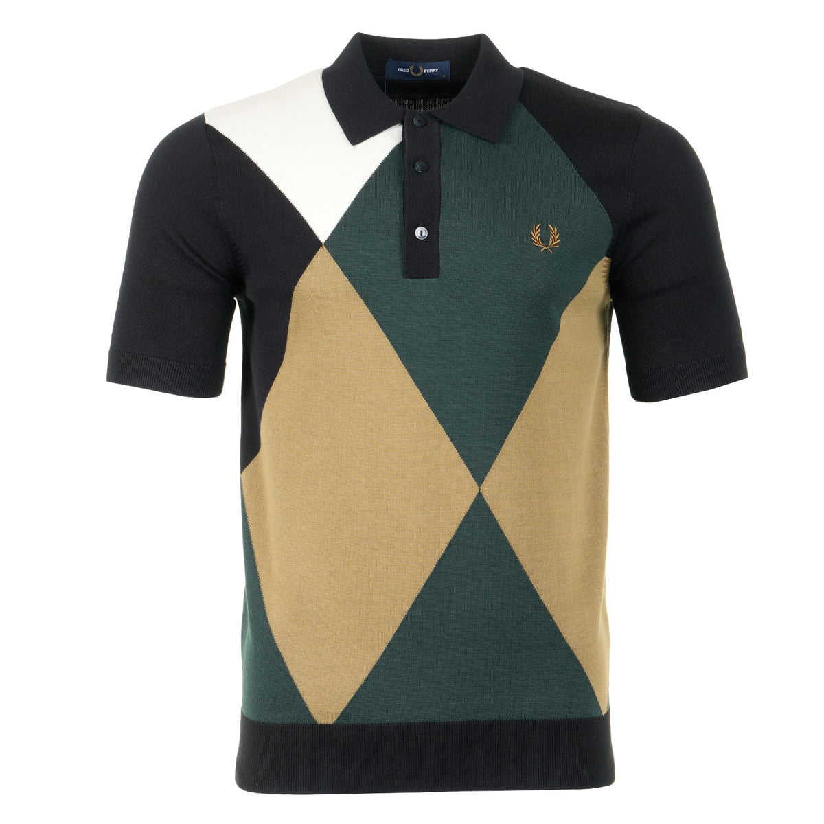 Offset Argyle Short Sleeve Knitted Polo Shirt Black