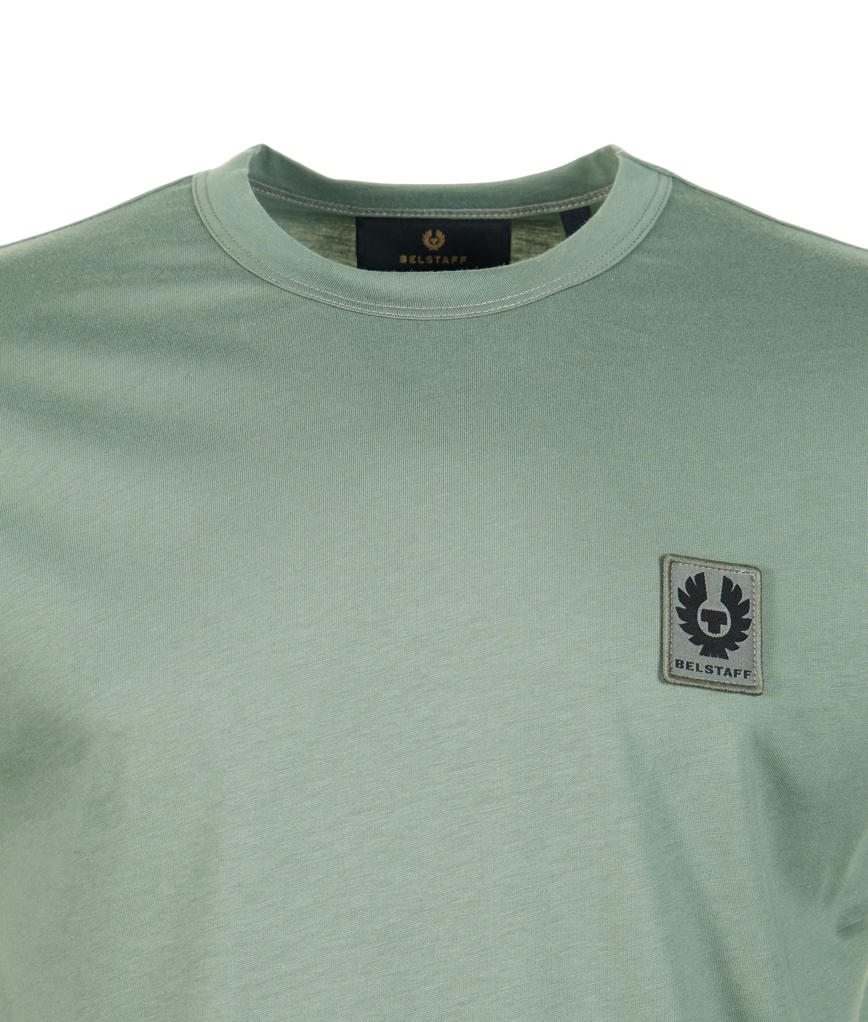 Close up of neckline and chest of Belstaff green t-shirt