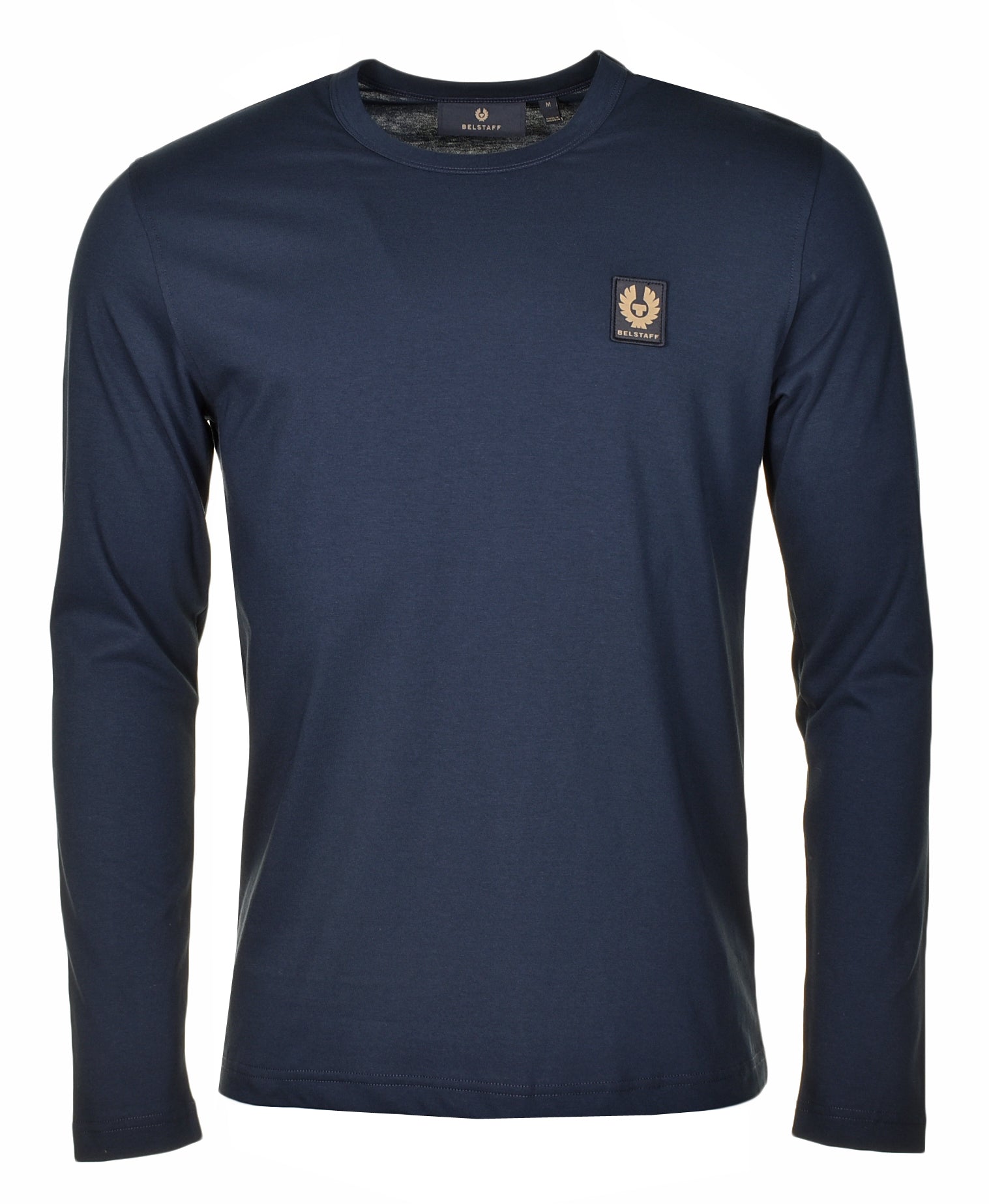 A navy long sleeve Belstaff t-shirt with crew neck collar