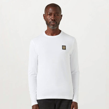 Man wearing plain white Belstaff long sleeve t-shirt