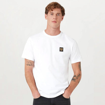 Man wearing white Belstaff crew neck t-shirt