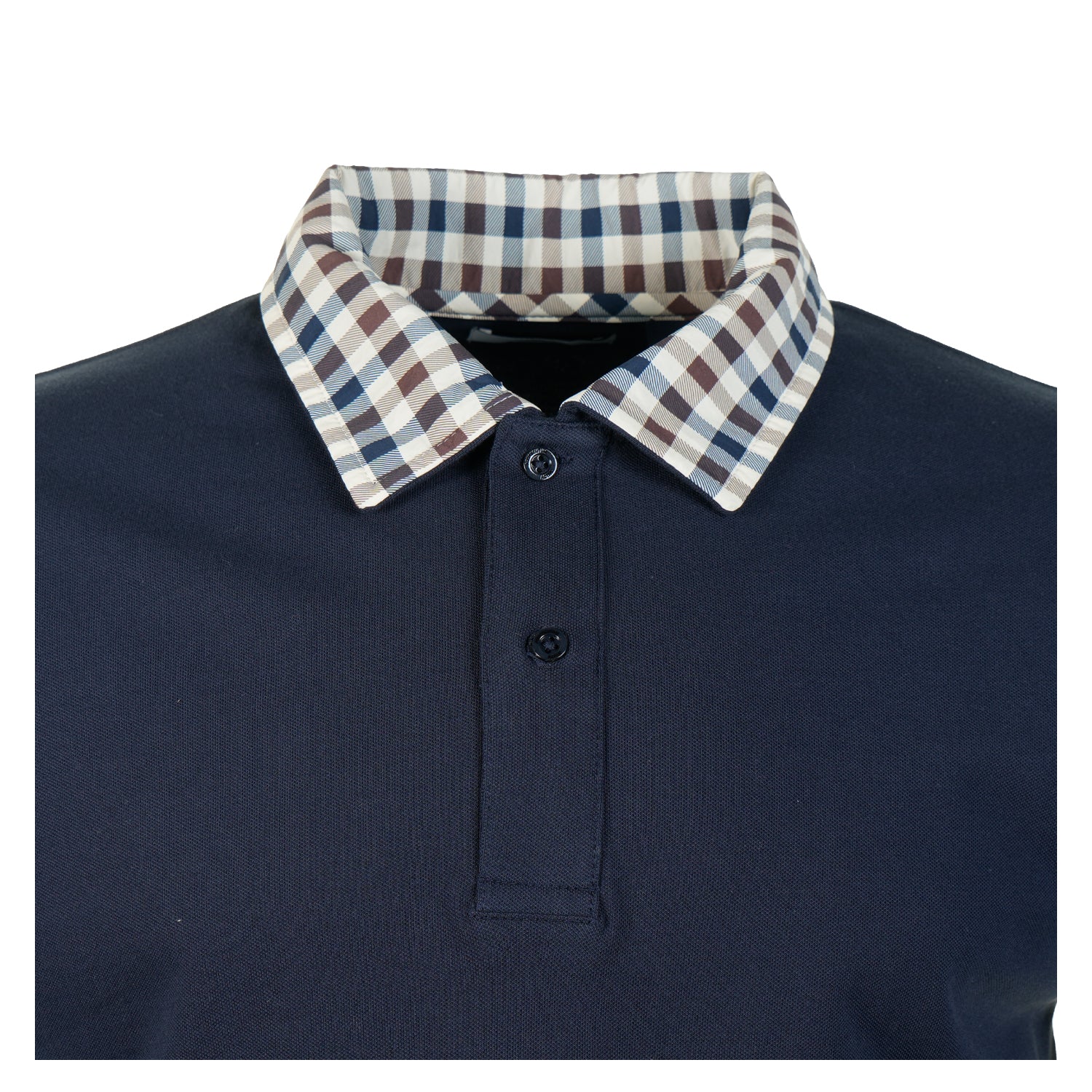 close up of collar and buttons on aquascutum navy polo shirt