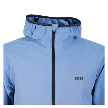 close up of zip up and hood of boss L Commuter Hooded Track Jacket Light Pastel Blue