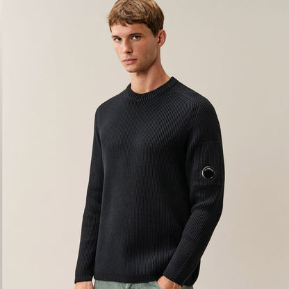Full Rib Cotton Lens Crewneck Sweater Black