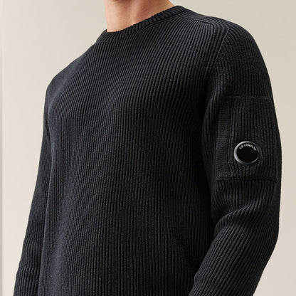 Full Rib Cotton Lens Crewneck Sweater Black