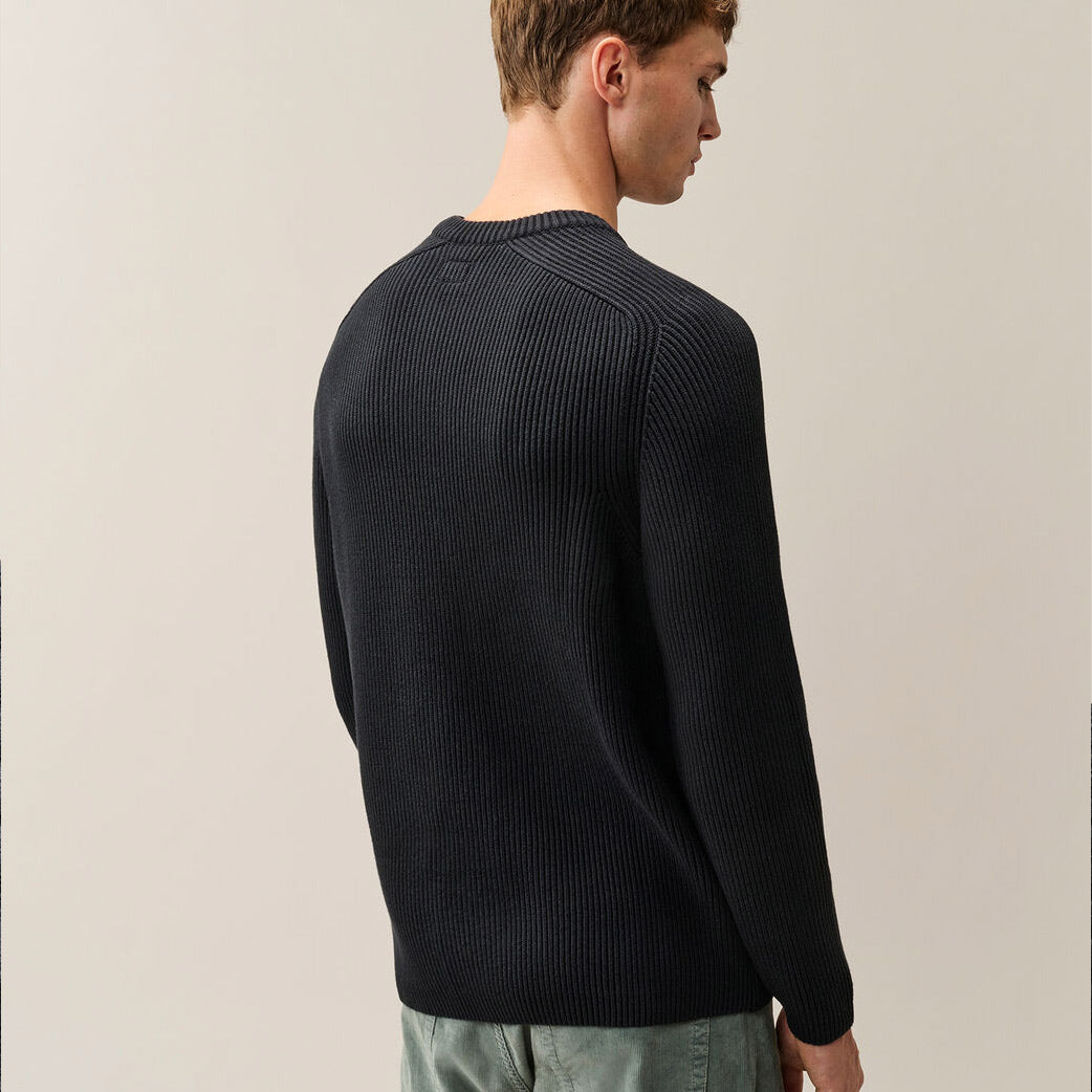 Full Rib Cotton Lens Crewneck Sweater Black