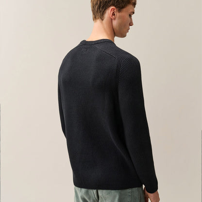Full Rib Cotton Lens Crewneck Sweater Black