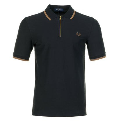 Crepe Pique Zip Neck Polo Shirt Black