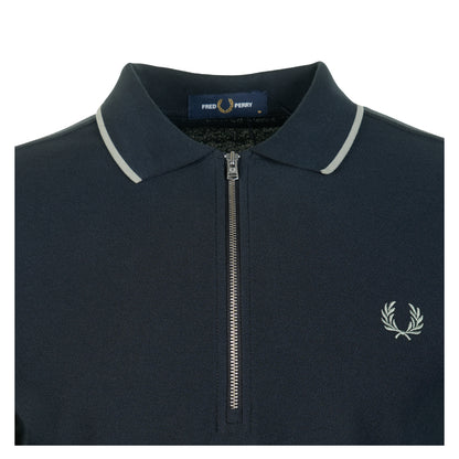 Crepe Pique Zip Neck Polo Shirt Navy