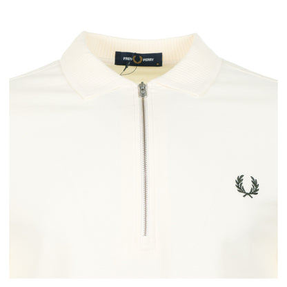 Crepe Pique Zip Neck Polo Shirt Ecru