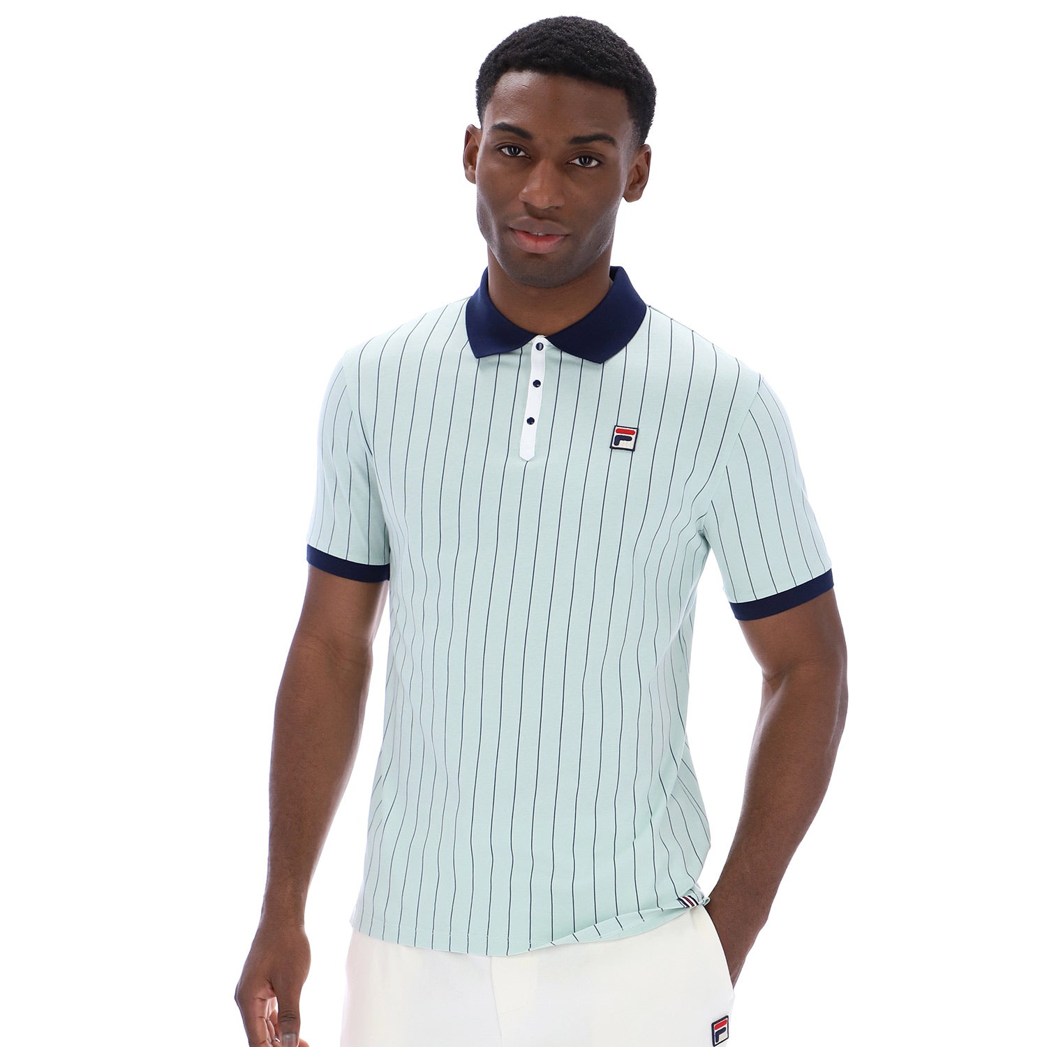 Man wearing Fila BB1 Classic Vintage Striped Polo Shirt Surf Spray