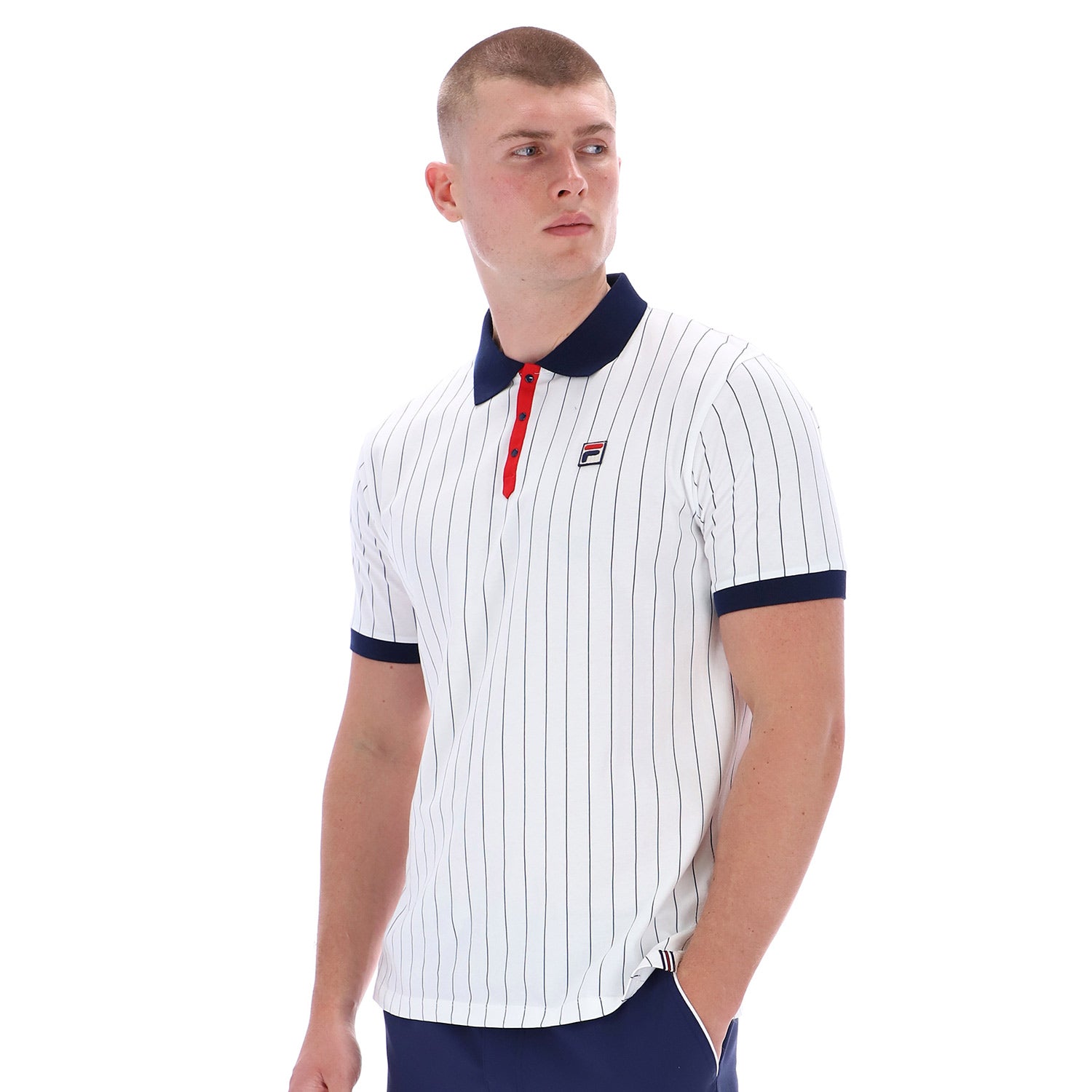 Man wearing Fila BB1 Classic Vintage Striped Polo Shirt White Navy Red
