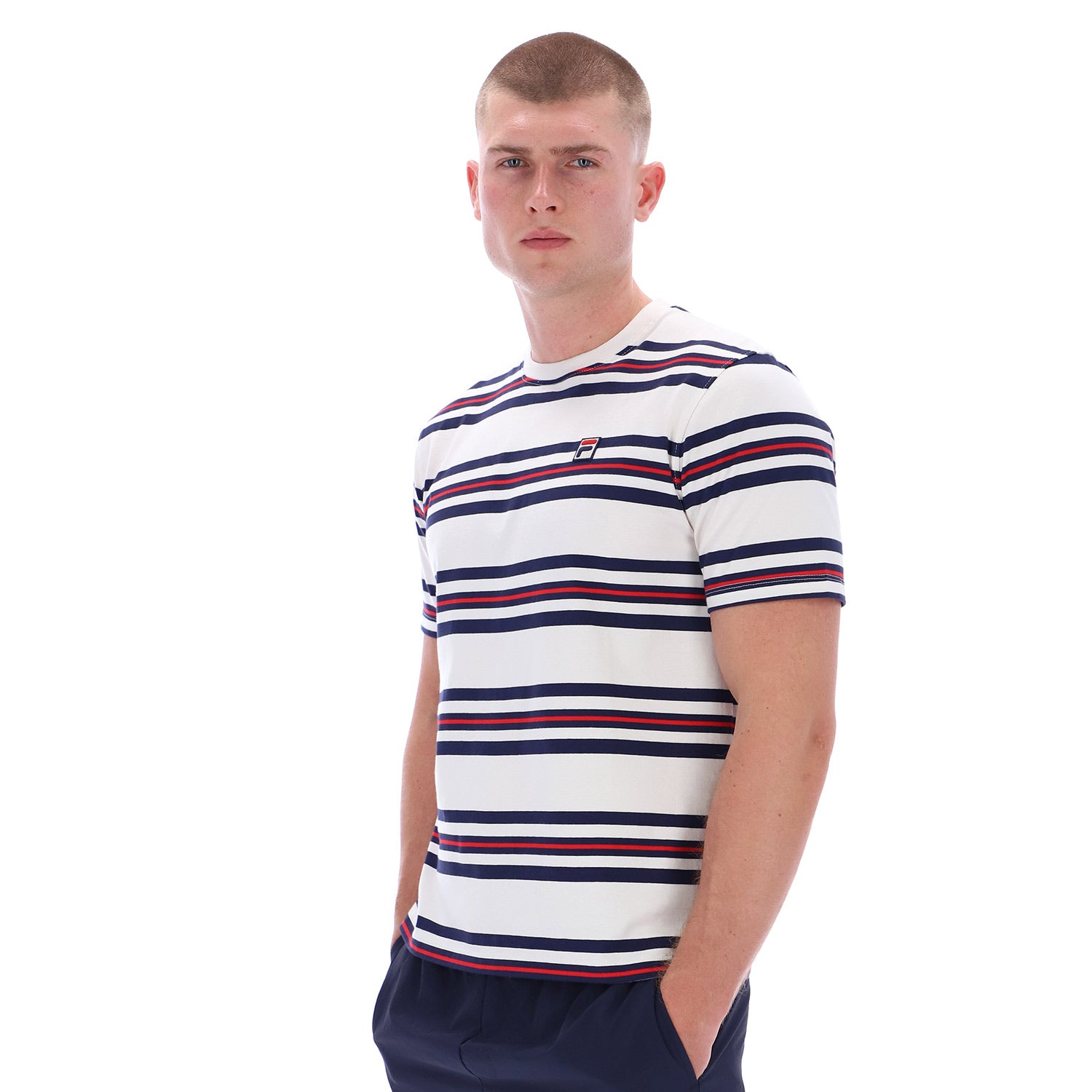Model wearing Fila Cesare Yarn Dye Stripe Tee Gardenia