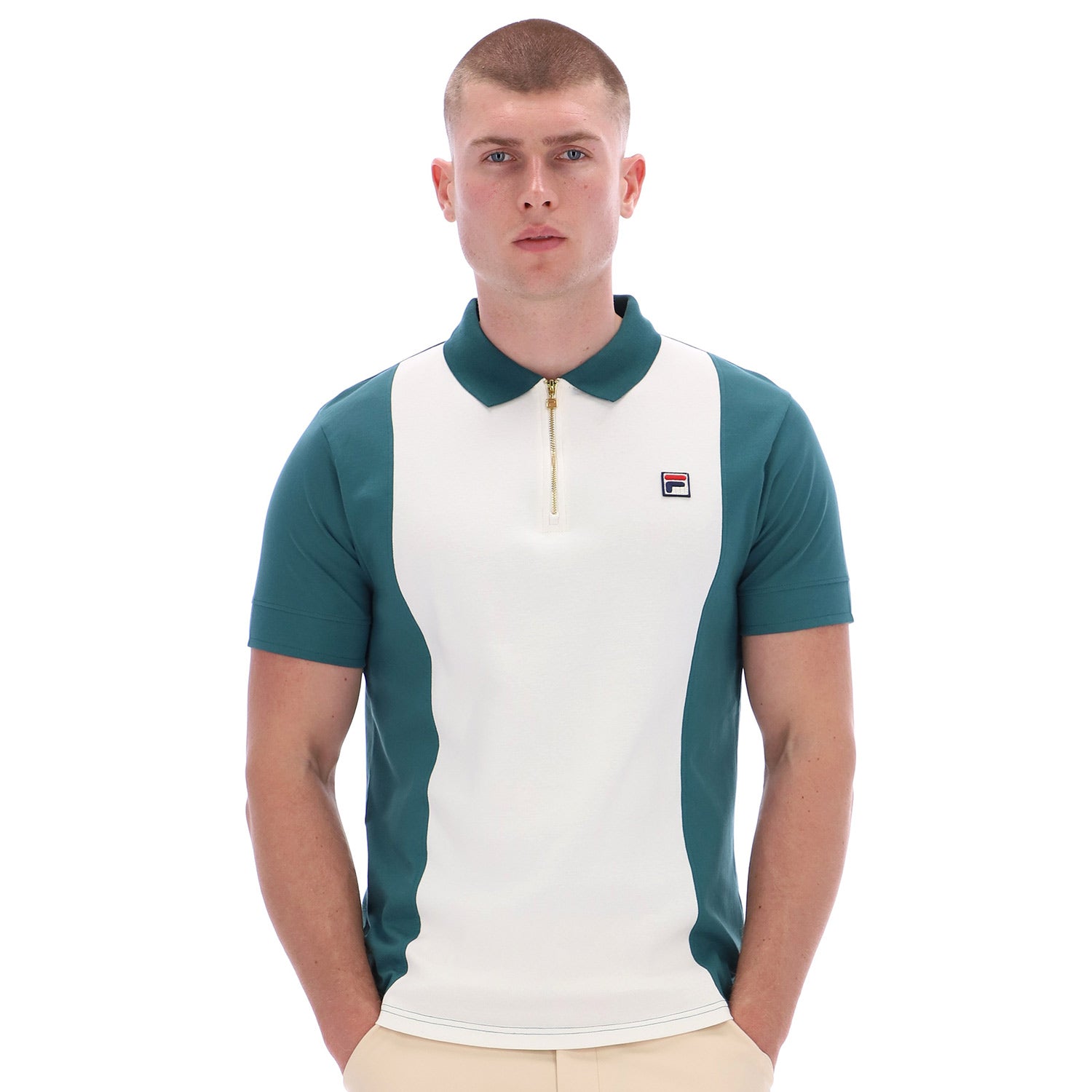 Man wearing Fila Pierro Short Sleeve Zip Polo Mediterranea Gardenia