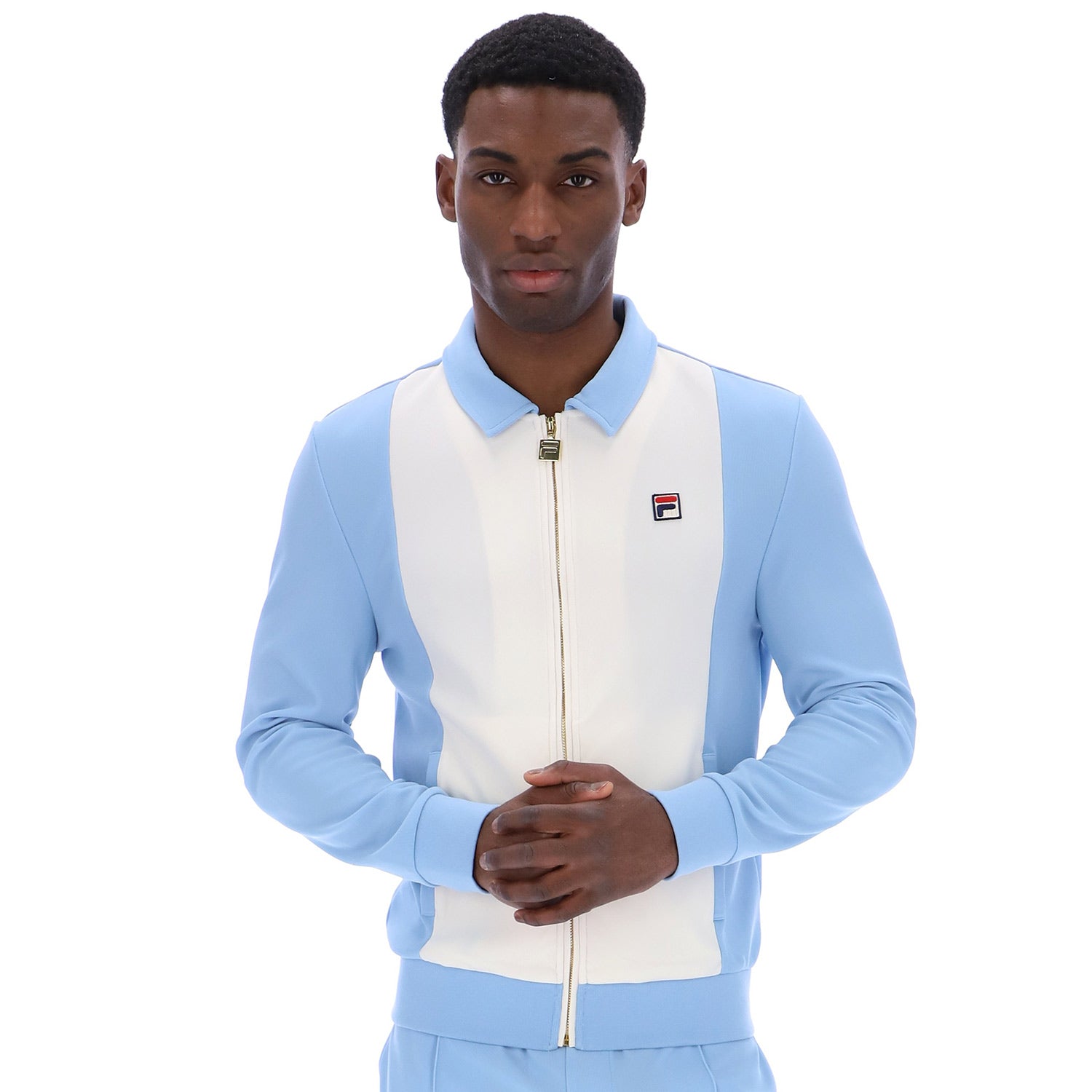 Model wearing Fila Tommaso Track Jacket Frozen FJord / Gardenia