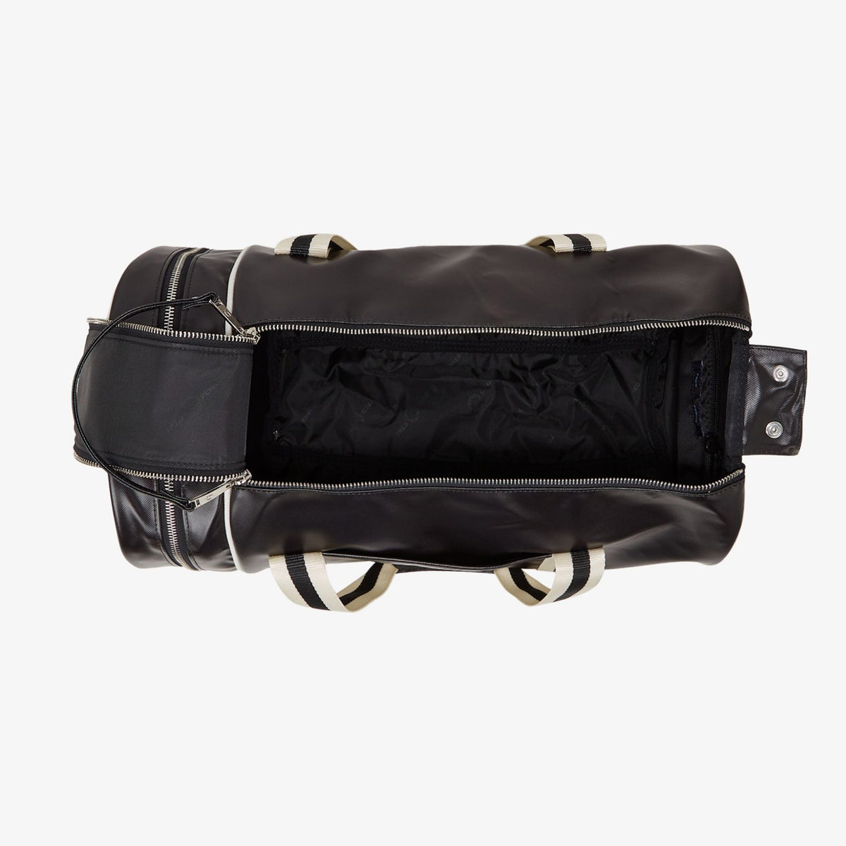 view of the fred perry Classic Barrel Bag Black Ecru opened from above