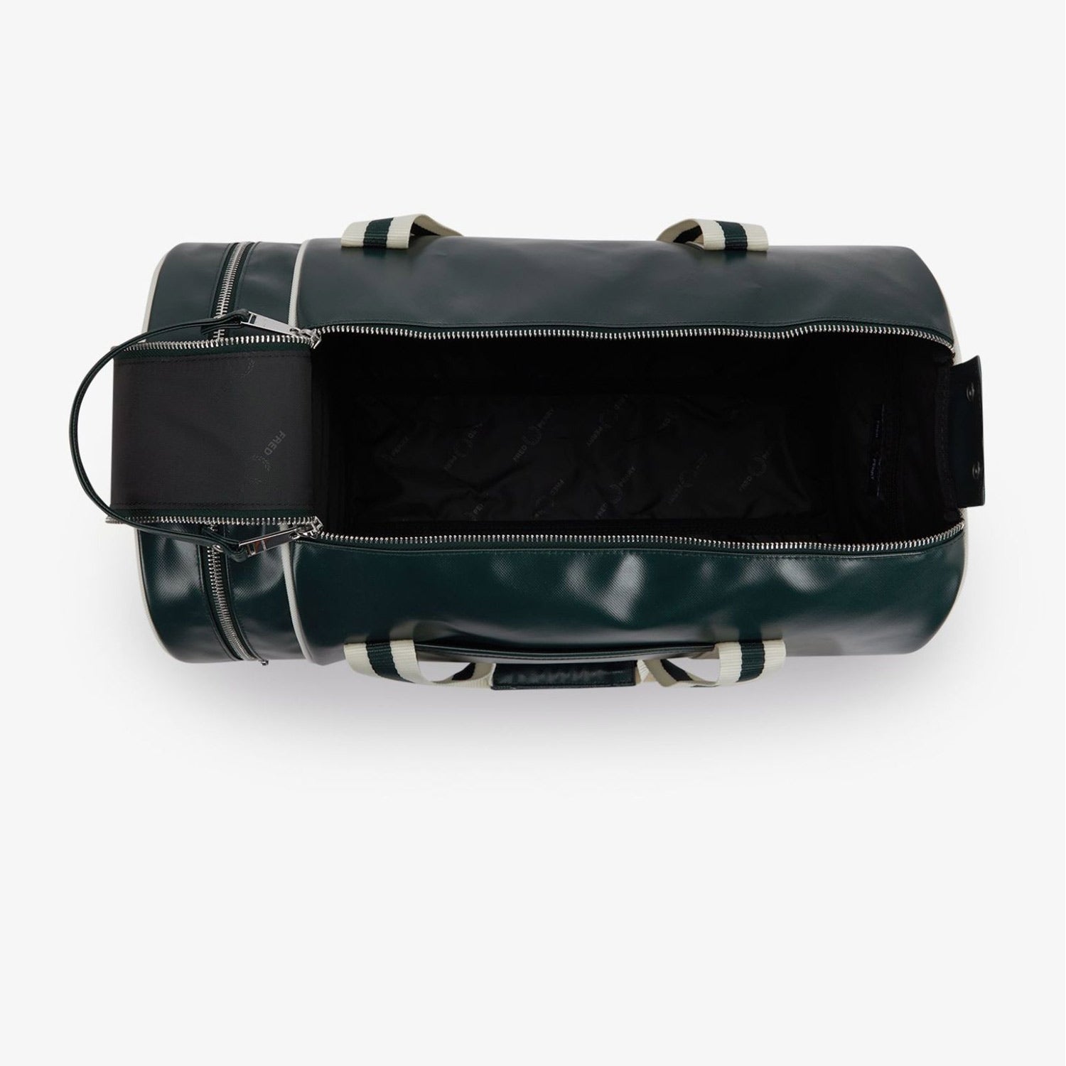 view of the fred perry barrel bag in green opened from above
