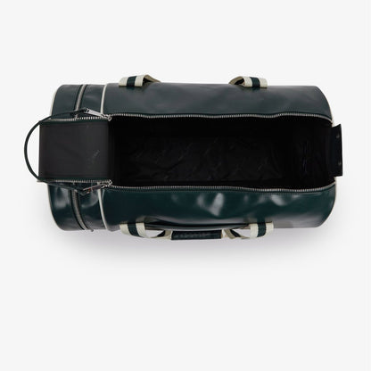 view of the fred perry barrel bag in green opened from above