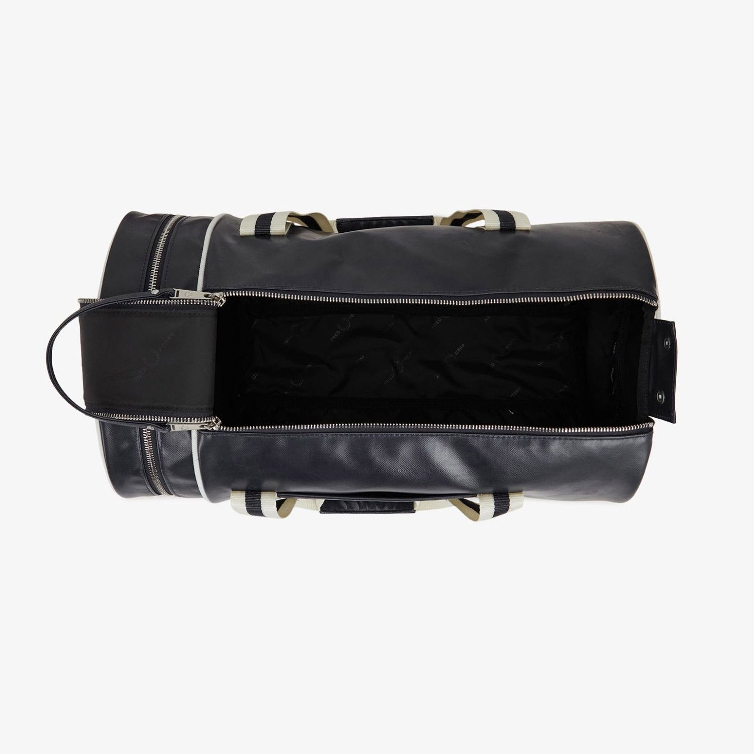 View from above of opened Fred Perry barrel bag