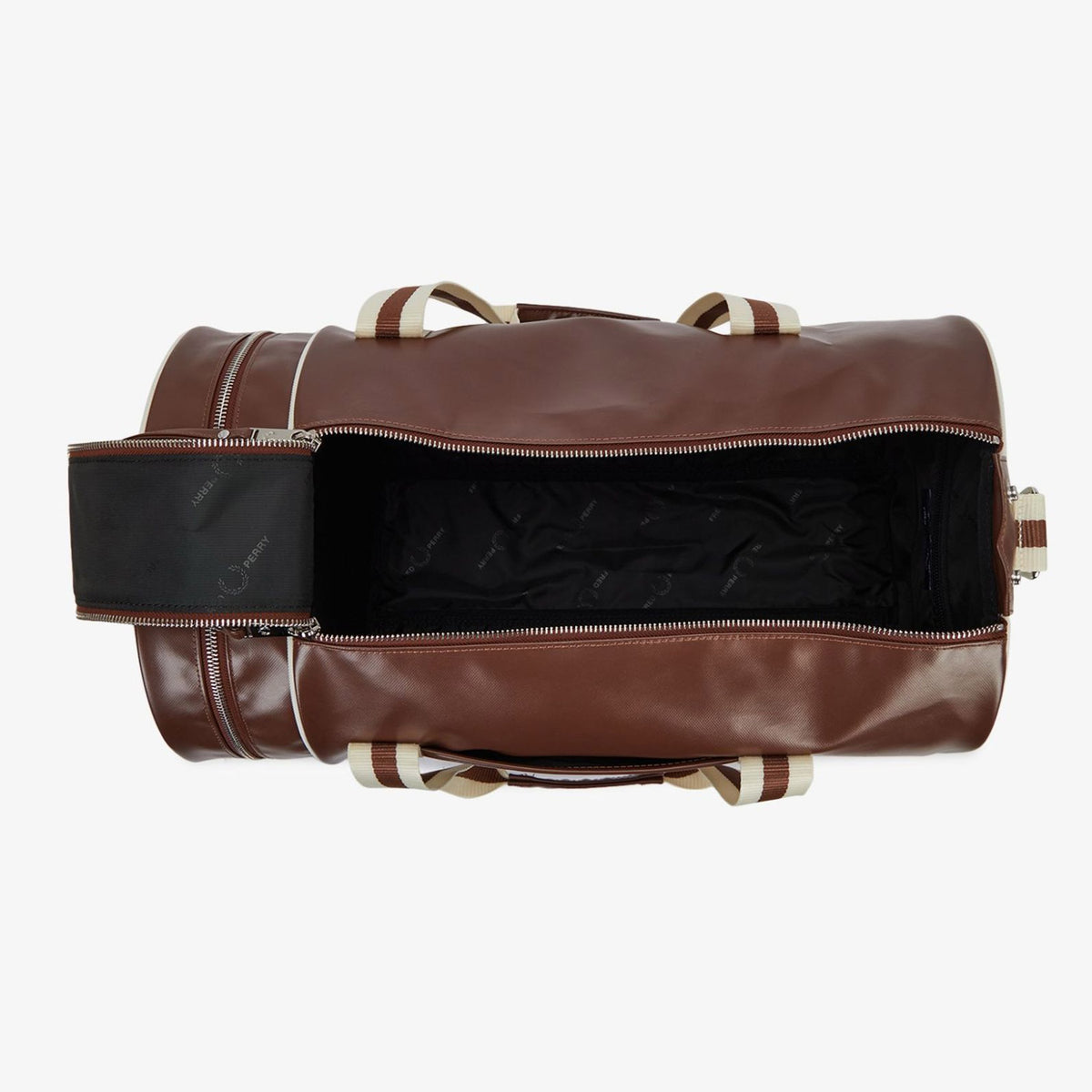 view of the fred perry Classic Barrel Bag Tan Ecru from above with zip open