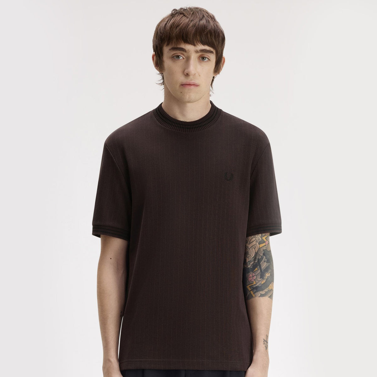a man wearing fred perry Ribbed Jersey T Shirt Rich Brown