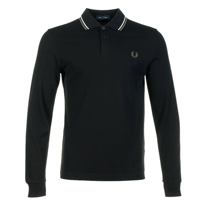 Long Sleeve Twin Tipped Polo Shirt Black Ecru Laurel Green