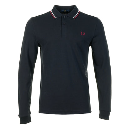 Long Sleeve Twin Tipped Polo Shirt Navy Snow White Red